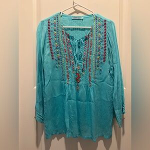 Johnny Was Teal Embroidered Top